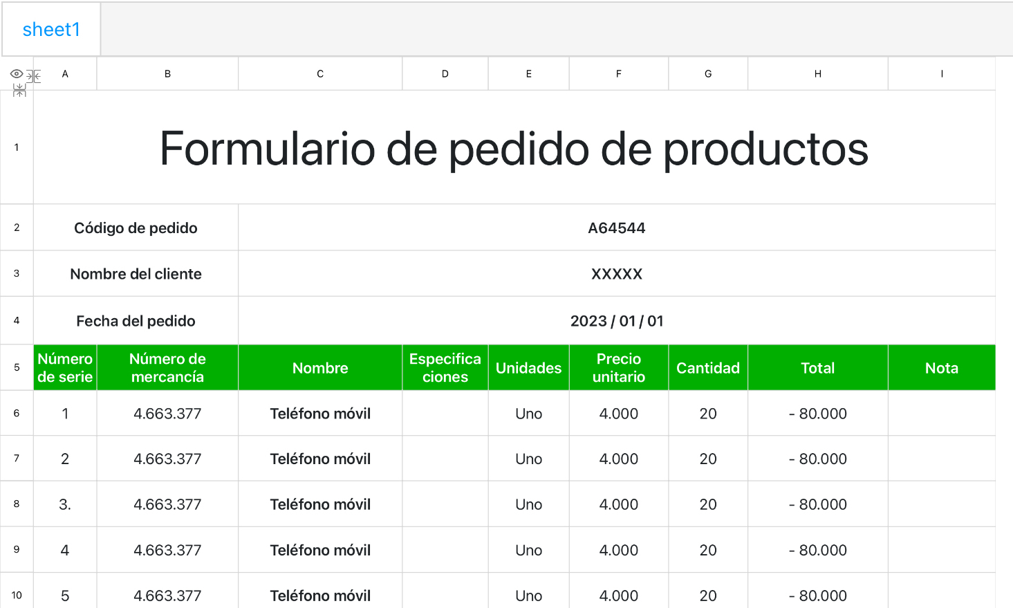 Formulario de pedido de productos
